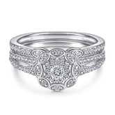 Round Zircon Flower Modern Split Shank with Marquise Shape Silver Ring Set